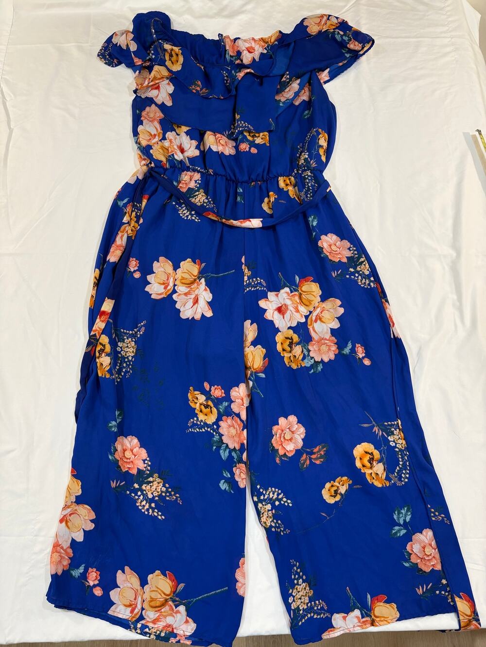 A Beautiful Soul Blue Floral Summer Ruffled Wide Leg Jumpsuit Size 8